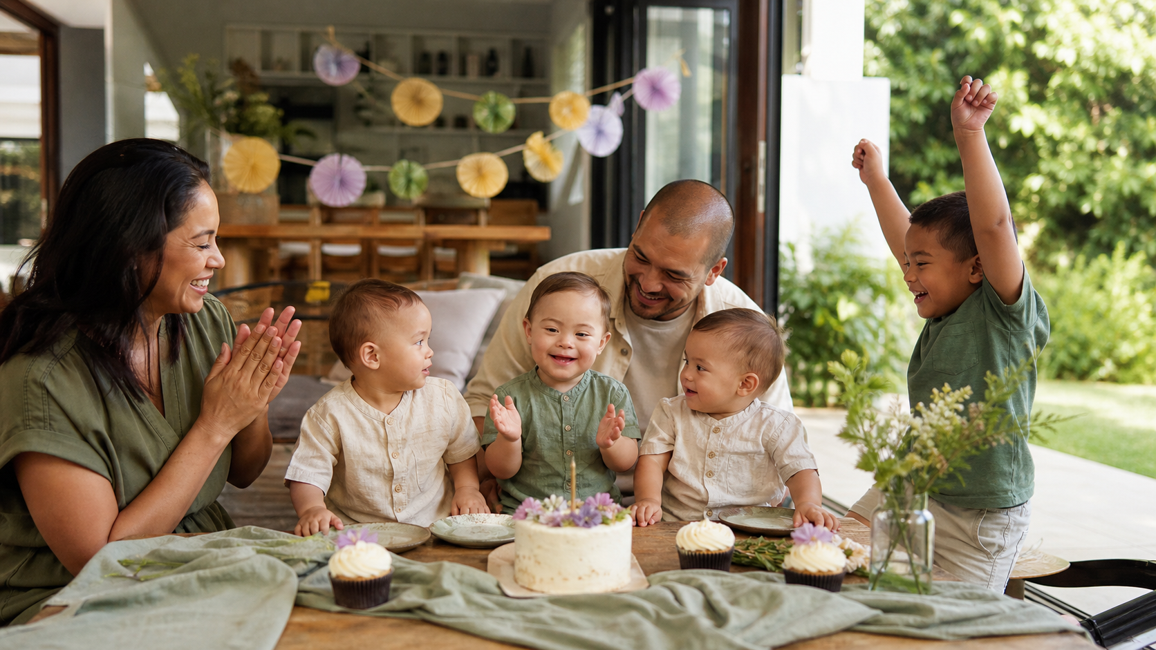 A mother and father celebrating with triplets, including a child with Down syndrome, and an older sibling